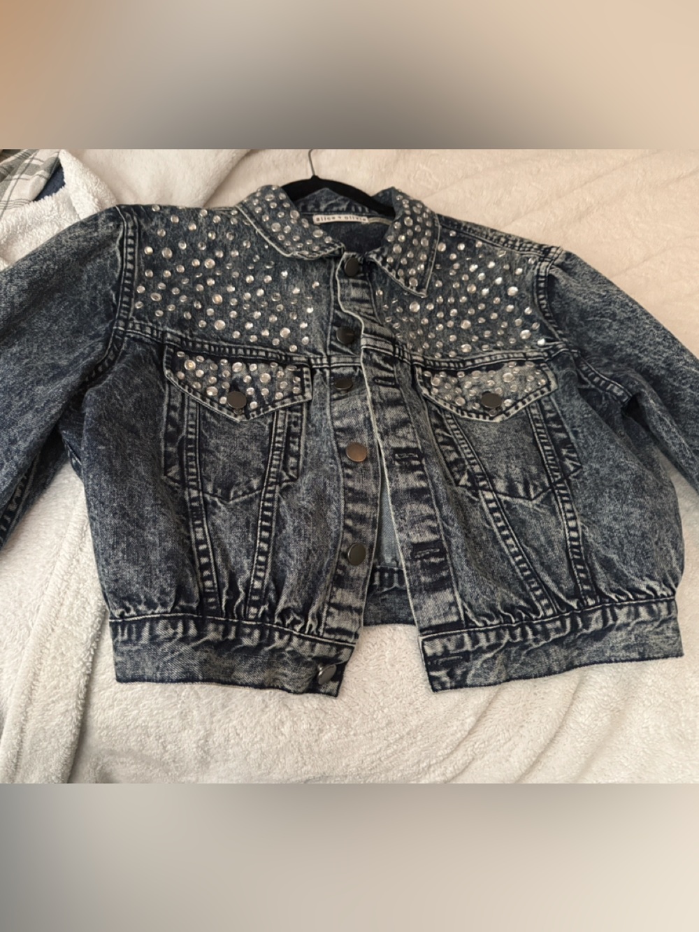 Alice + Olivia Black Acid Wash Denim Jacket with Silver Studs